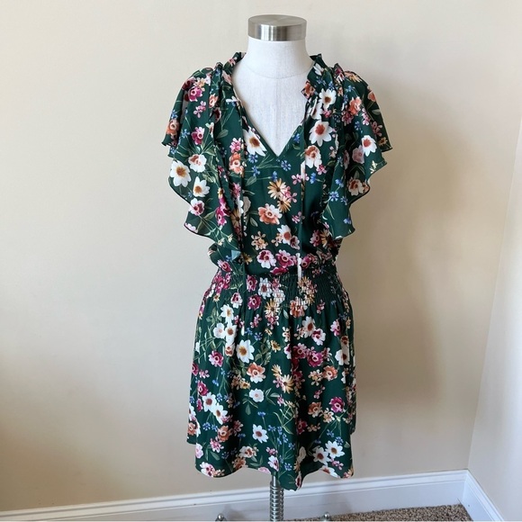 Parker Sloane Ruffle Floral Print Silk Blend Mini Dress Cacti Daisy 13741 - Picture 4 of 13